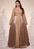 Plus Size Women's Khaki V Neck Long Sleeve Beaded Lace Formal Party Evening Dress