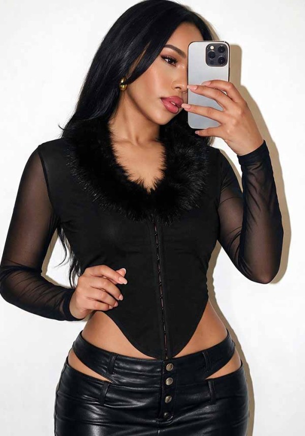 Women's Fuzzy V Neck Mesh See-Through Long Sleeve Irregular Hem Top
