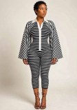 Women's Autumn Striped Button Turndown Collar Bell Bottom Long Sleeve Jumpsuit