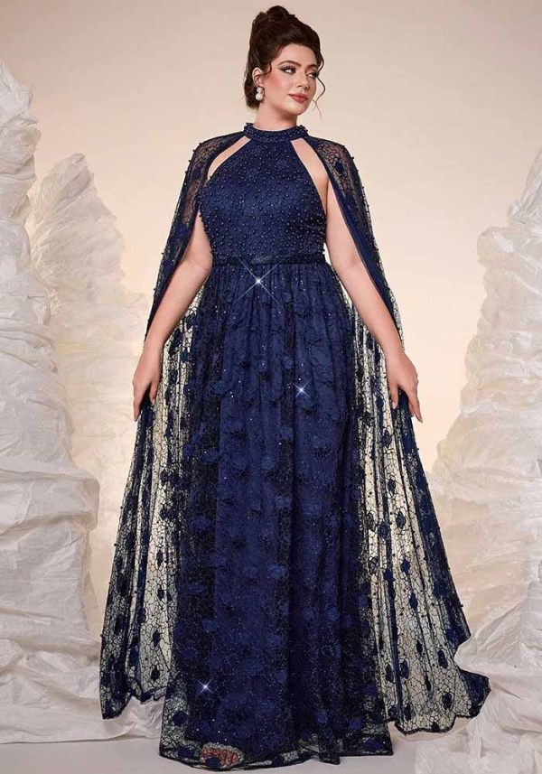 Women's Halter Neck Beaded Lace Formal Party Evening Dress