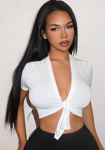 Women's V Neck Lace-Up Crop Top Short Sleeve T Shirt