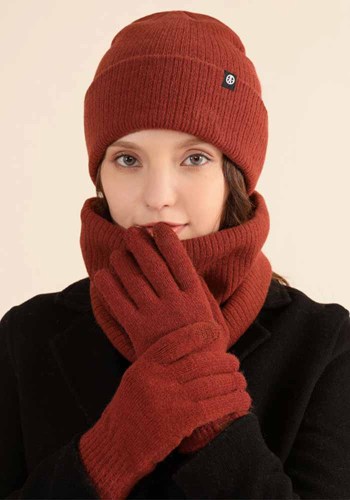 Winter Fleece Lined Solid Rib Warm Knit Hat Scarf Glove Three-Piece Set