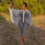 Women's Autumn Striped Button Turndown Collar Bell Bottom Long Sleeve Jumpsuit
