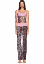 Women's Sexy Lace Leopard Patchwork Cami Top and Pant Two Piece Set Women's Sexy Lace Leopard Patchwork Cami Top and Pant Two Piece Set