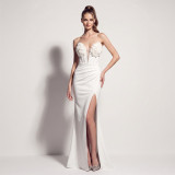 Women's Satin Floral Appliqué Boned Formal Party Evening Dress
