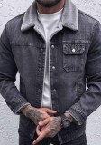 Plus Size Women's Fleece Lined Printed Washed Sherpa Turndown Collar Denim Jacket