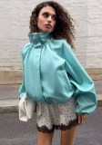 Women's French Red Stand Collar Puff Sleeve Top
