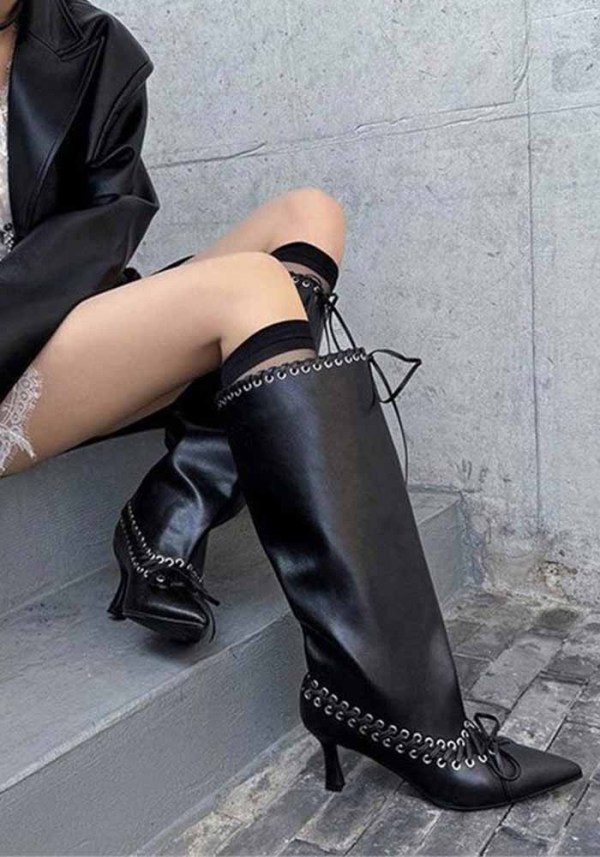 Women's Autumn Winter Pointed Toe Stiletto Rivet Pu-Leather Lace-Up Tall Boots