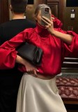 Women's French Red Stand Collar Puff Sleeve Top