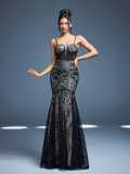 Women's Black Lace Cami Mermaid See-Through Mesh Strapless Formal Party Maxi Evening Dress