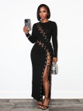 Women's Lace-Up Cutout Round Neck Long Sleeve Ribbed Slit Sexy Dress