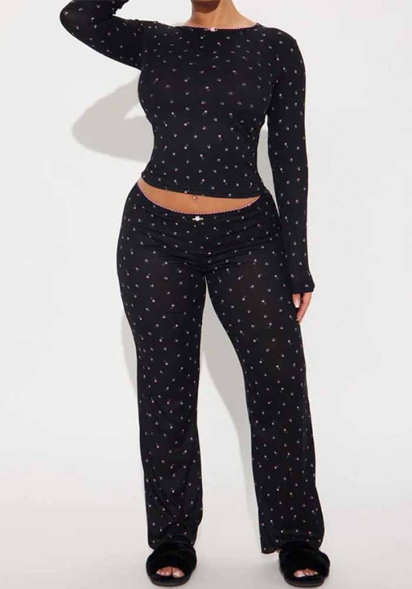 Women's Spring Casual Floral Round Neck Long Sleeve Top and Long Pant Two Piece Set