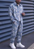 Men's Casual Embroidered Floral Turndown Collar Jacket and Long Pant Two Piece Set