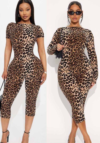 Women's Sexy Round Neck Long Sleeve Leopard Jumpsuit