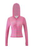 Women's Casual Striped Print Zipper Hooded Top and Pant Two Piece Set