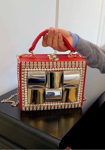 Women's Rhinestone Evening Bag Metal Frame Clutch Chain Crossbody Box Bag