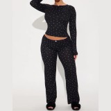 Women's Spring Casual Floral Round Neck Long Sleeve Top and Long Pant Two Piece Set