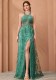 Women's Halter Neck Lace See-Through Mesh Slit Maxi Beaded Formal Party Evening Dress