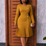 Plus Size African Women's Round Neck Long Sleeve Pleated Dress