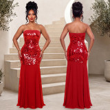 Women's Sexy Sequin Strapless Maxi Dress
