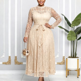 Plus Size African Women's Stand Collar Long Sleeve Lace-Up Maxi Dress