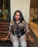 Women's Casual Printed V Neck Short Sleeve Lace Leopard Patchwork Top T Shirt