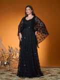 Plus Size Women's Black V Neck Beaded Lace Maxi Evening Dress