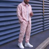 Men's Casual Embroidered Floral Turndown Collar Jacket and Long Pant Two Piece Set