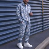 Men's Casual Embroidered Floral Turndown Collar Jacket and Long Pant Two Piece Set
