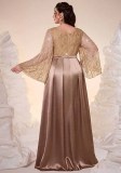 Plus Size Women's Khaki V Neck Long Sleeve Beaded Lace Formal Party Evening Dress