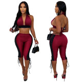 Women's Halter Neck Strapless Ruched Top and Capri Pant Two Piece Set