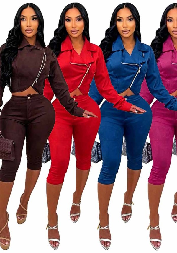 Women's Autumn Winter Stretchy Pu-Leather Jacket and Capri Pant Two Piece Set