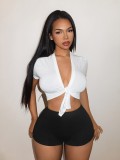 Women's V Neck Lace-Up Crop Top Short Sleeve T Shirt