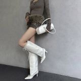 Women's Autumn Winter Pointed Toe Stiletto Rivet Pu-Leather Lace-Up Tall Boots