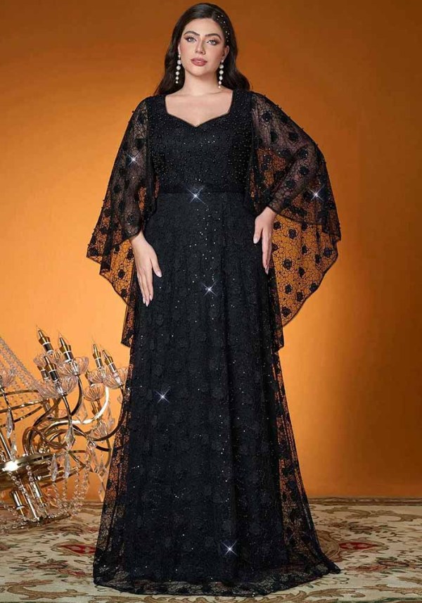 Plus Size Women's Black V Neck Beaded Lace Maxi Evening Dress