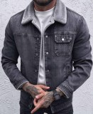Plus Size Women's Fleece Lined Printed Washed Sherpa Turndown Collar Denim Jacket