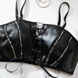 Women's Pu Leather Tie Sexy See-Through Mesh Patchwork Lingerie Three-Piece Set