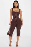 Women's Sexy Cami Solid Tie Strap Top and Capri Pant Two Piece Set
