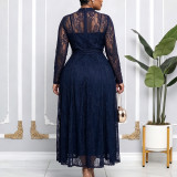 Plus Size African Women's Stand Collar Long Sleeve Lace-Up Maxi Dress