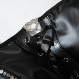 Women's Pu Leather Tie Sexy See-Through Mesh Patchwork Lingerie Three-Piece Set