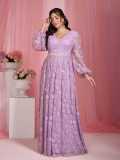 Women's Formal Party V Neck Lantern Long Sleeve Lace Embroidery Rhinestone Maxi Evening Dress