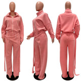 Women's Casual Autumn Winter Irregular Lace-Up Fleece Lined Top and Pant Two Piece Set