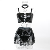 Women's Pu Leather Tie Sexy See-Through Mesh Patchwork Lingerie Three-Piece Set