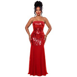 Women's Sexy Sequin Strapless Maxi Dress