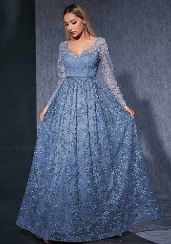 Women's V Neck Long Sleeve Mesh Embroidery Maxi Formal Party Evening Dress