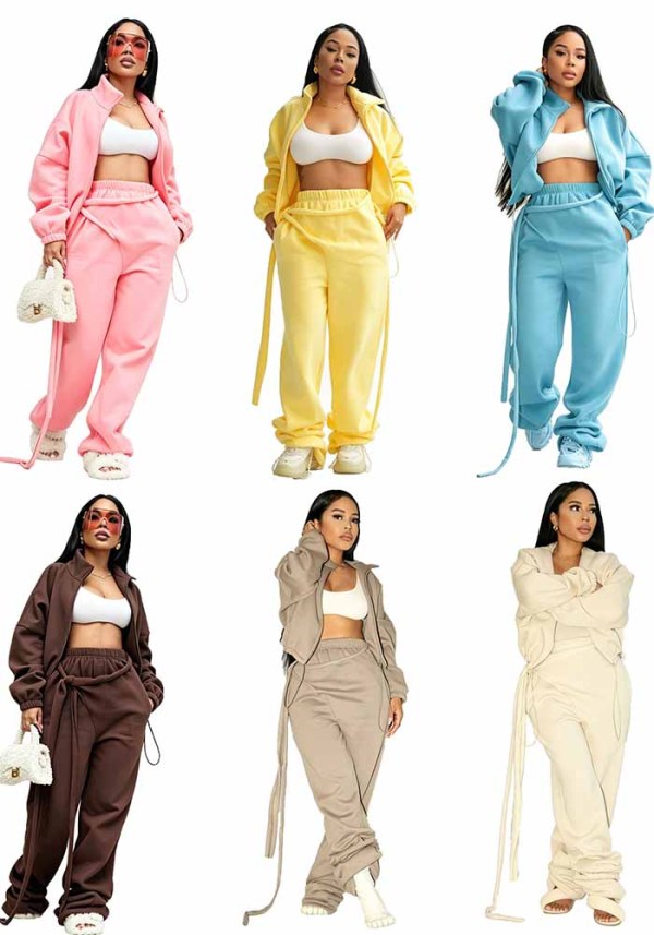 Women's Casual Autumn Winter Irregular Lace-Up Fleece Lined Top and Pant Two Piece Set