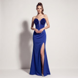 Women's Satin Floral Appliqué Boned Formal Party Evening Dress