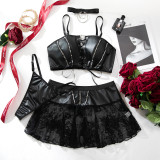 Women's Pu Leather Tie Sexy See-Through Mesh Patchwork Lingerie Three-Piece Set