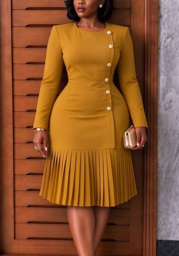 Plus Size African Women's Round Neck Long Sleeve Pleated Dress