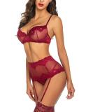 Women's Sexy Mesh See-Through Lace Lingerie Three-Piece Set